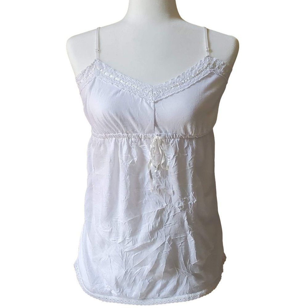 DKNY Lace & Ribbon Crinkle Tank Top White Women's Medium Party Y2K Feminine
